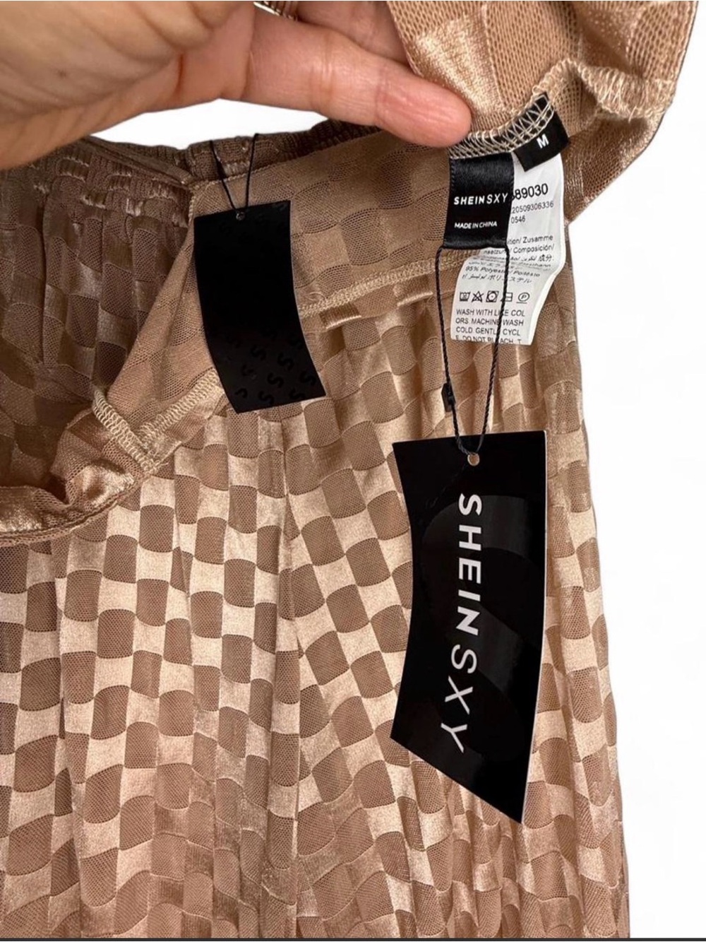 NWT SHEIN Checkerboard Satin Wide-Leg Pants and sexy top- Sheer set. Size M. - Picture 6 of 8